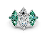 White gold Three-Stone Marquise Cut Diamond Ring with Round with Green Sapphire side stone Pavé Band and Prong Setting_24