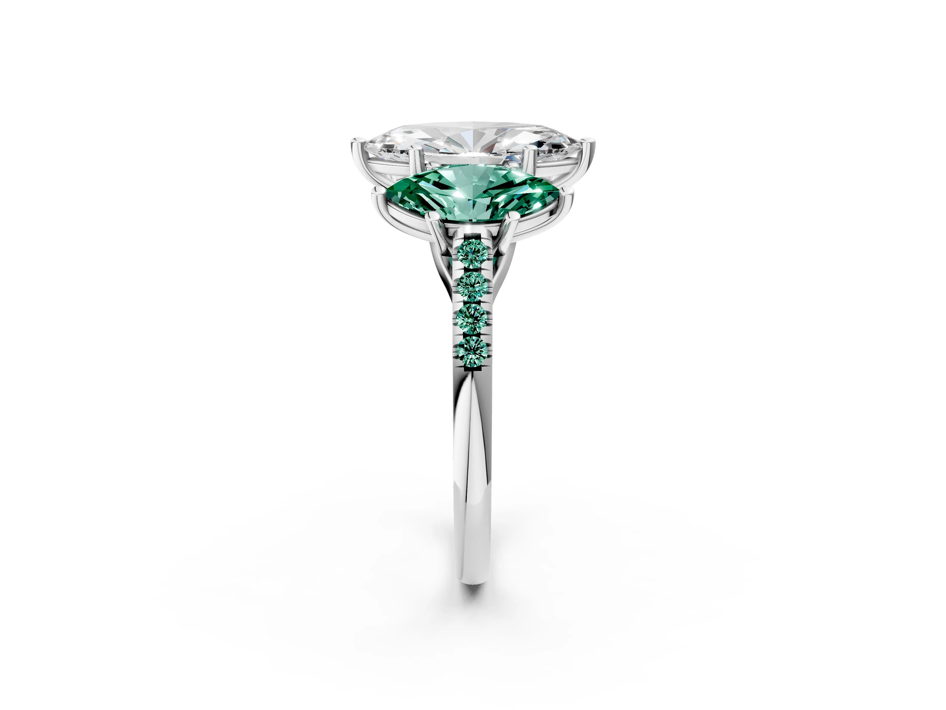 White gold Three-Stone Marquise Cut Diamond Ring with Round with Green Sapphire side stone Pavé Band and Prong Setting_2