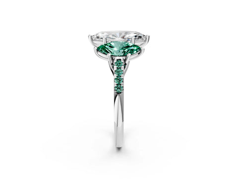 White gold Three-Stone Marquise Cut Diamond Ring with Round with Green Sapphire side stone Pavé Band and Prong Setting_2