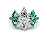 White gold Three-Stone Marquise Cut Diamond Ring with Round with Green Sapphire side stone Pavé Band and Prong Setting_36