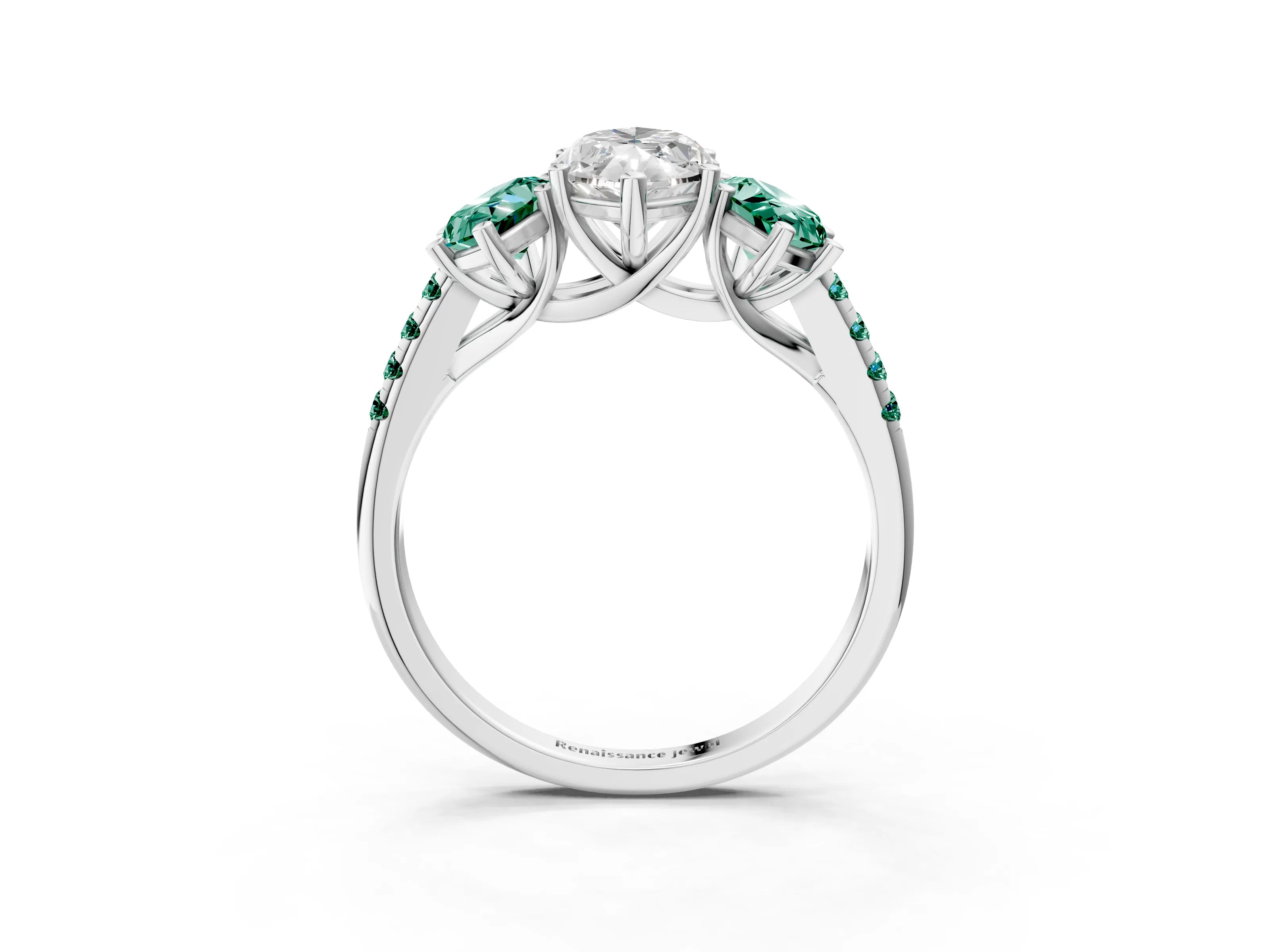 White gold Three-Stone Marquise Cut Diamond Ring with Round with Green Sapphire side stone Pavé Band and Prong Setting_3
