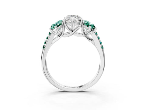 White gold Three-Stone Marquise Cut Diamond Ring with Round with Green Sapphire side stone Pavé Band and Prong Setting_3