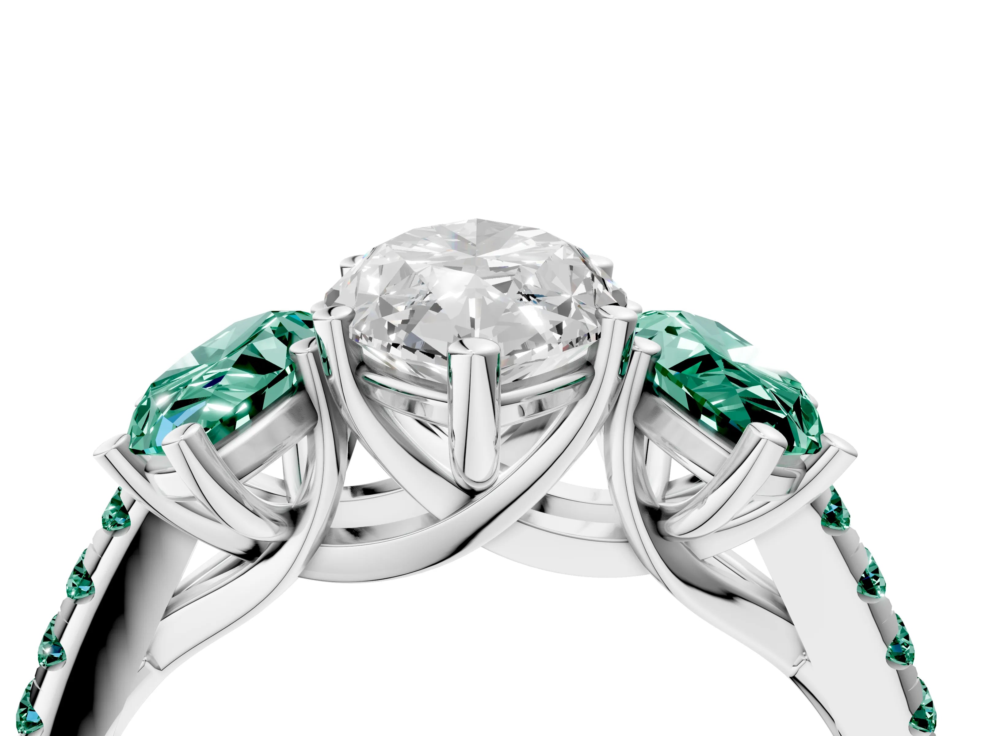 White gold Three-Stone Marquise Cut Diamond Ring with Round with Green Sapphire side stone Pavé Band and Prong Setting_4