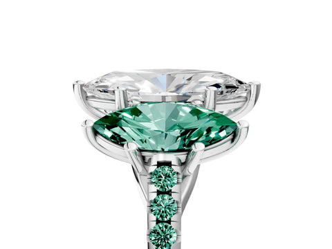 White gold Three-Stone Marquise Cut Diamond Ring with Round with Green Sapphire side stone Pavé Band and Prong Setting_5
