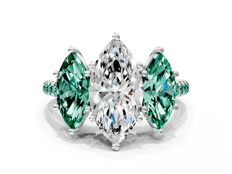 White gold Three-Stone Marquise Cut Diamond Ring with Round with Green Sapphire side stone Pavé Band and Prong Setting