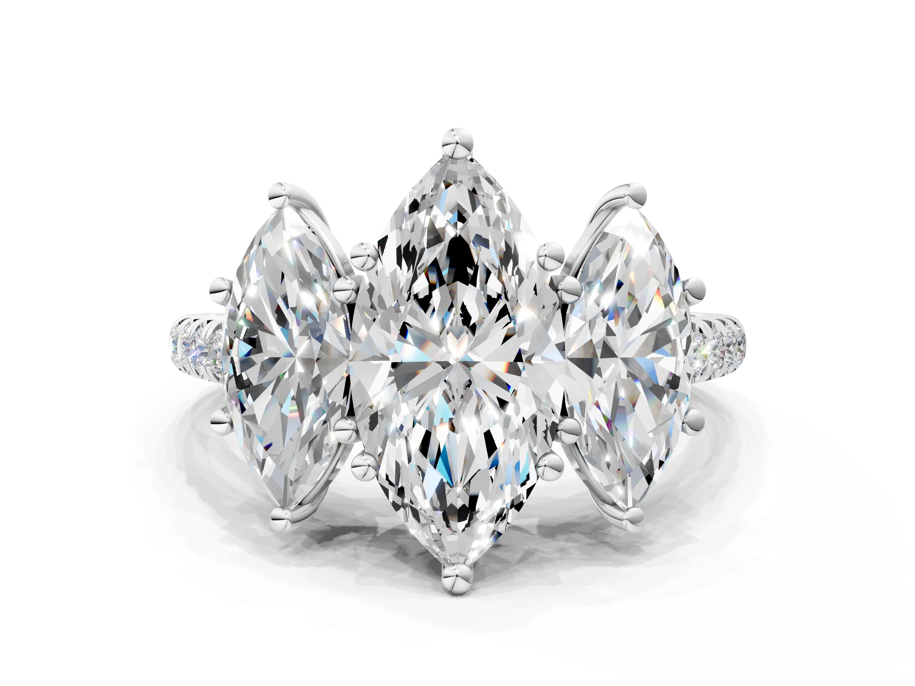 White gold Three-Stone Marquise Cut Diamond Ring with Round with Moissanite side stone Pavé Band and Prong Setting