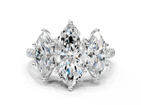 White gold Three-Stone Marquise Cut Diamond Ring with Round with Moissanite side stone Pavé Band and Prong Setting