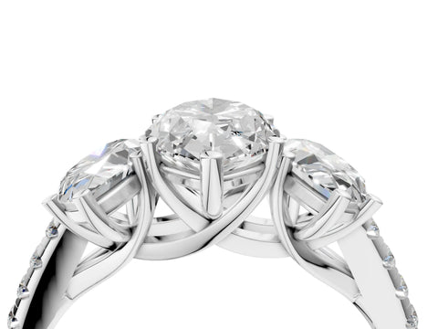 White gold Three-Stone Marquise Cut Diamond Ring with Round with Moissanite side stone Pavé Band and Prong Setting_16