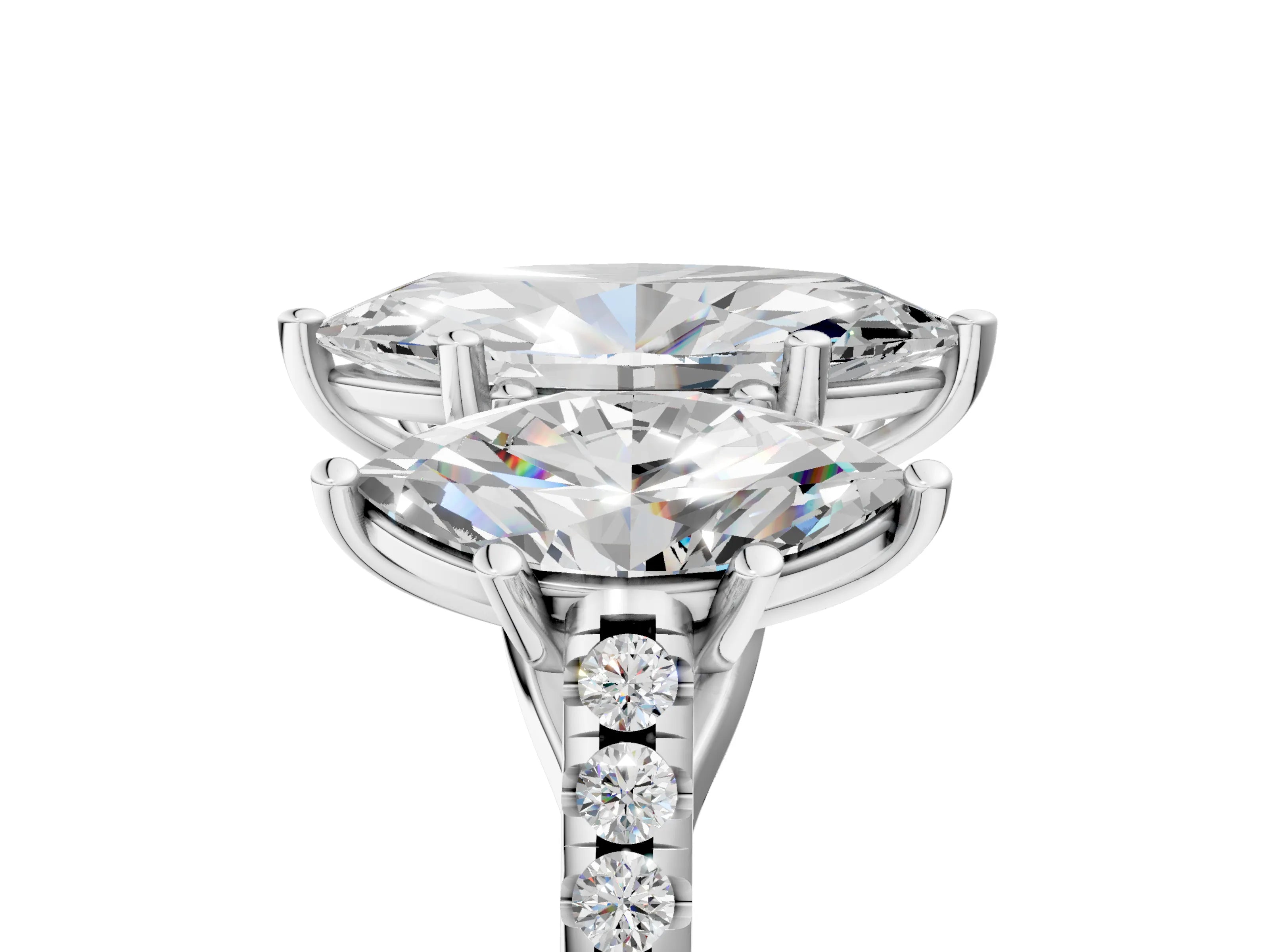 White gold Three-Stone Marquise Cut Diamond Ring with Round with Moissanite side stone Pavé Band and Prong Setting_17