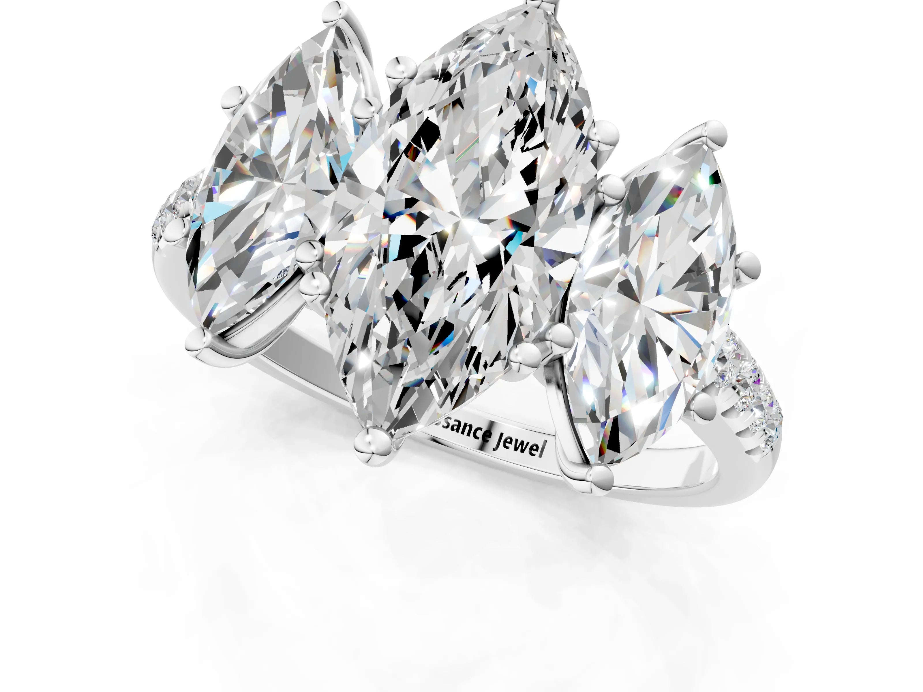 White gold Three-Stone Marquise Cut Diamond Ring with Round with Moissanite side stone Pavé Band and Prong Setting_1