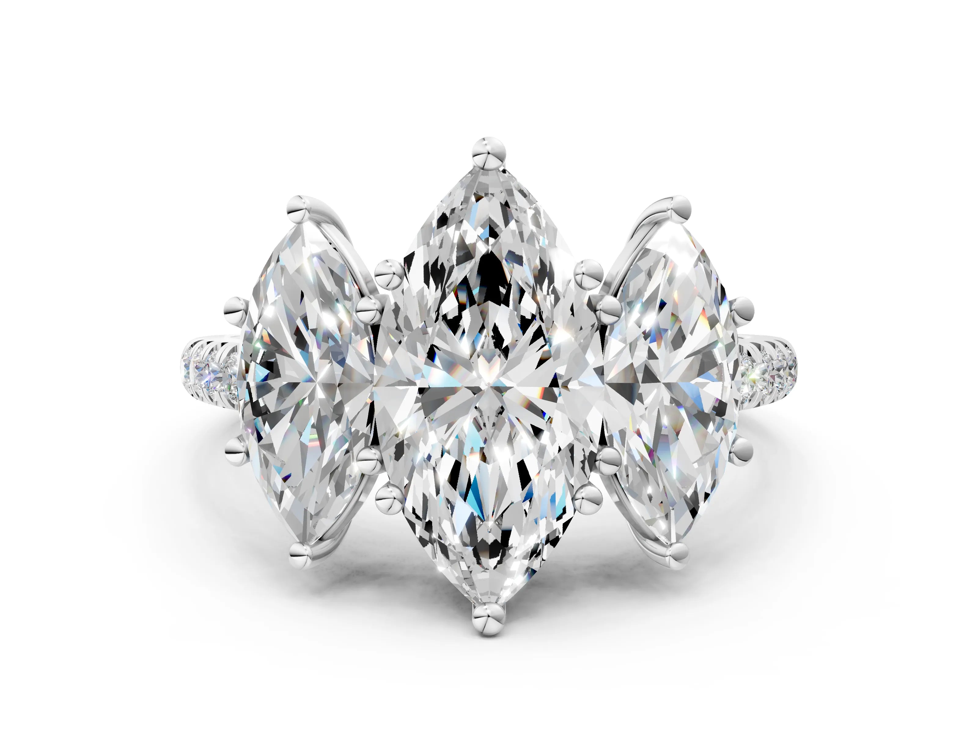 White gold Three-Stone Marquise Cut Diamond Ring with Round with Moissanite side stone Pavé Band and Prong Setting_22