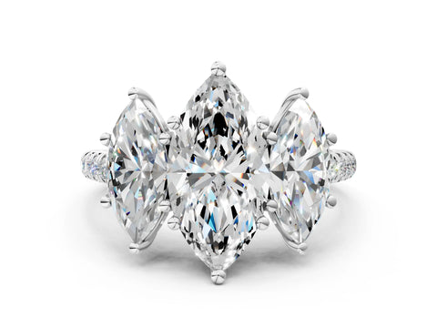 White gold Three-Stone Marquise Cut Diamond Ring with Round with Moissanite side stone Pavé Band and Prong Setting_22