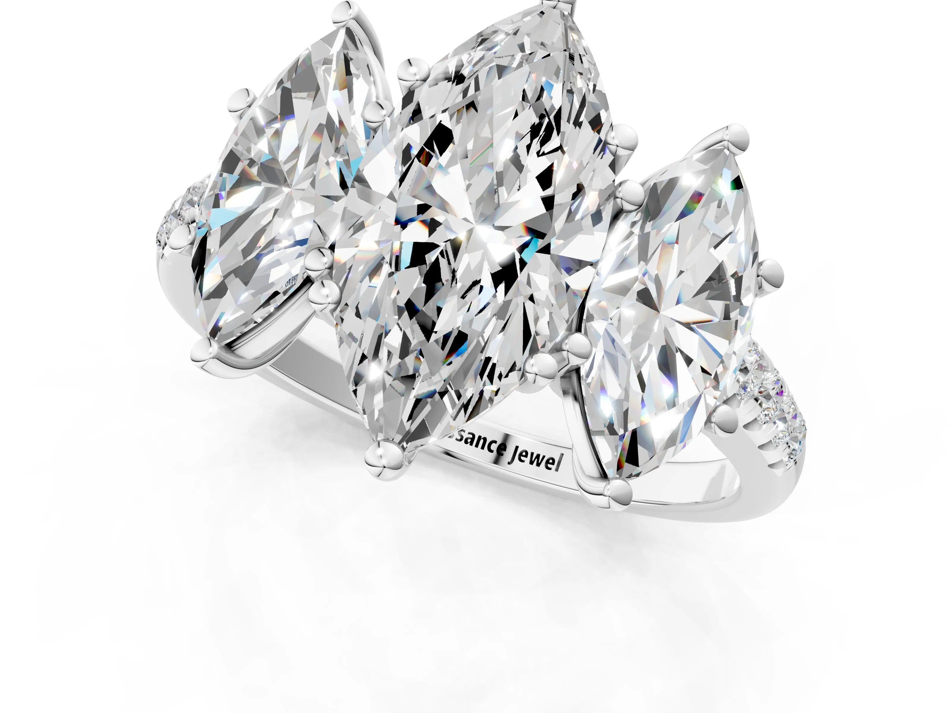 White gold Three-Stone Marquise Cut Diamond Ring with Round with Moissanite side stone Pavé Band and Prong Setting_23