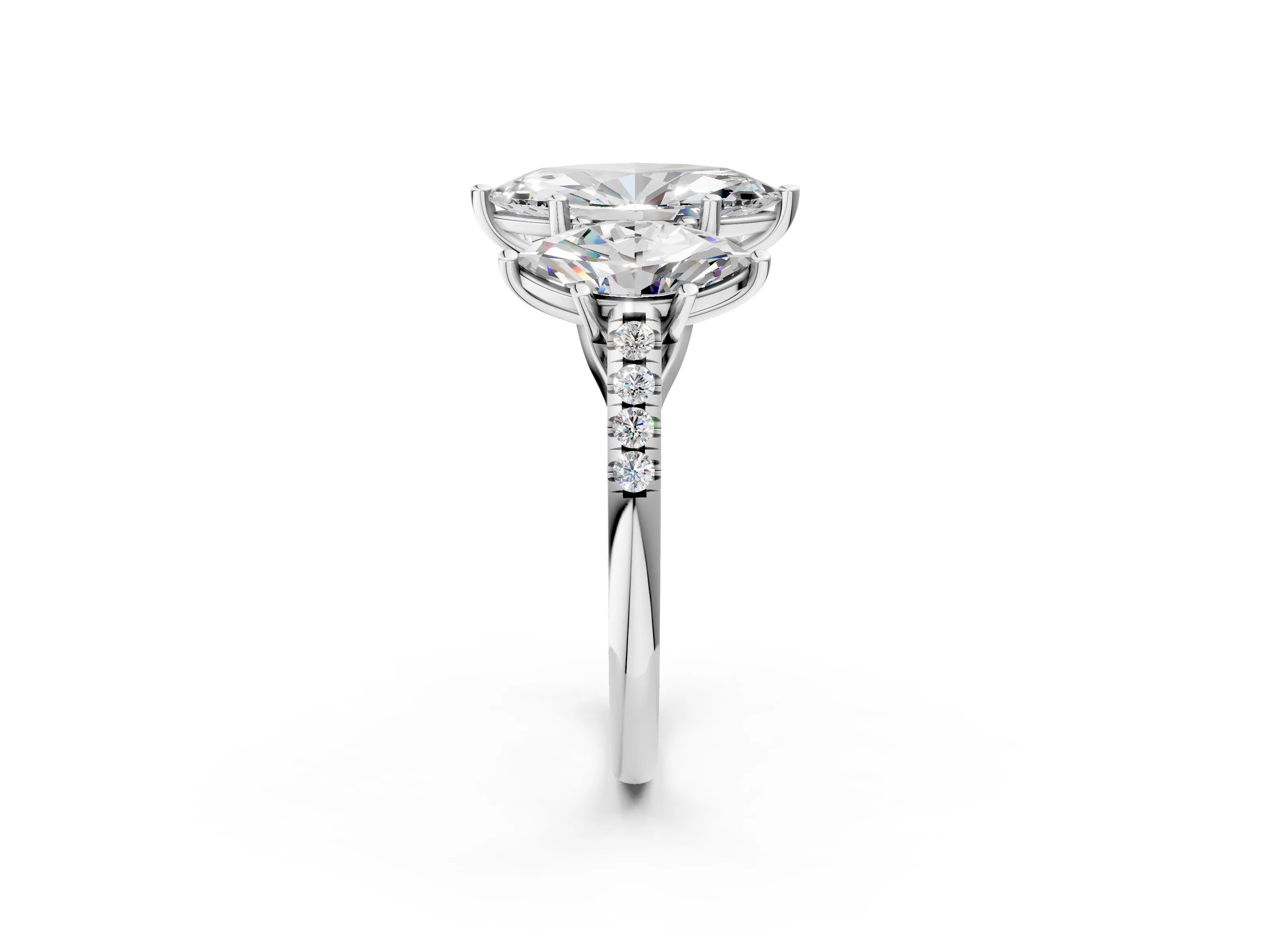 White gold Three-Stone Marquise Cut Diamond Ring with Round with Moissanite side stone Pavé Band and Prong Setting_24