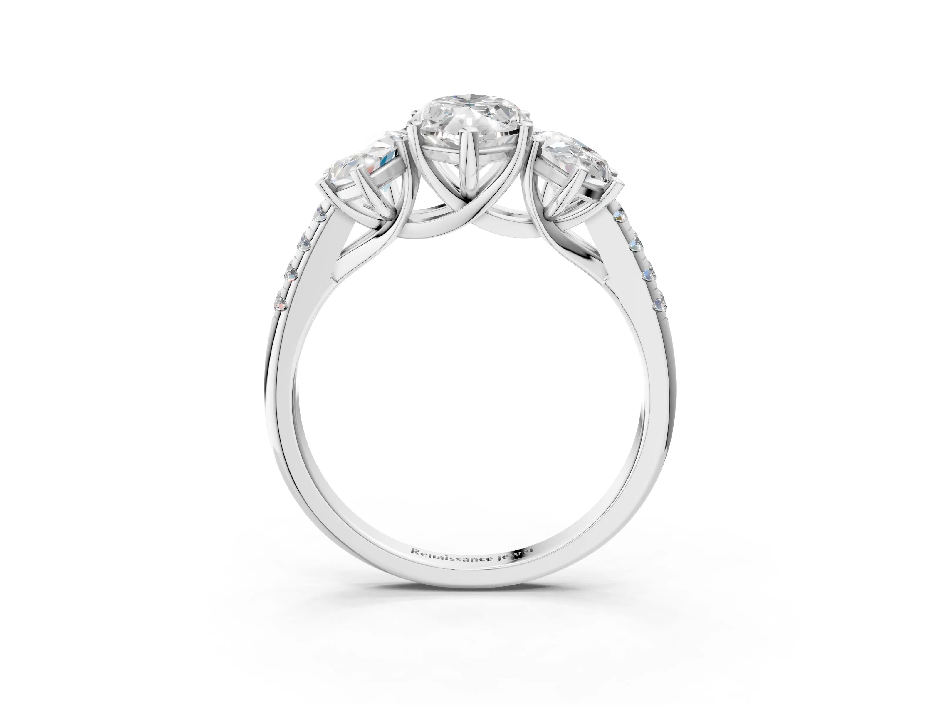 White gold Three-Stone Marquise Cut Diamond Ring with Round with Moissanite side stone Pavé Band and Prong Setting_25