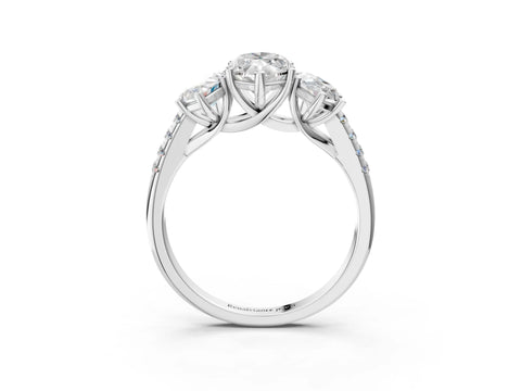 White gold Three-Stone Marquise Cut Diamond Ring with Round with Moissanite side stone Pavé Band and Prong Setting_25