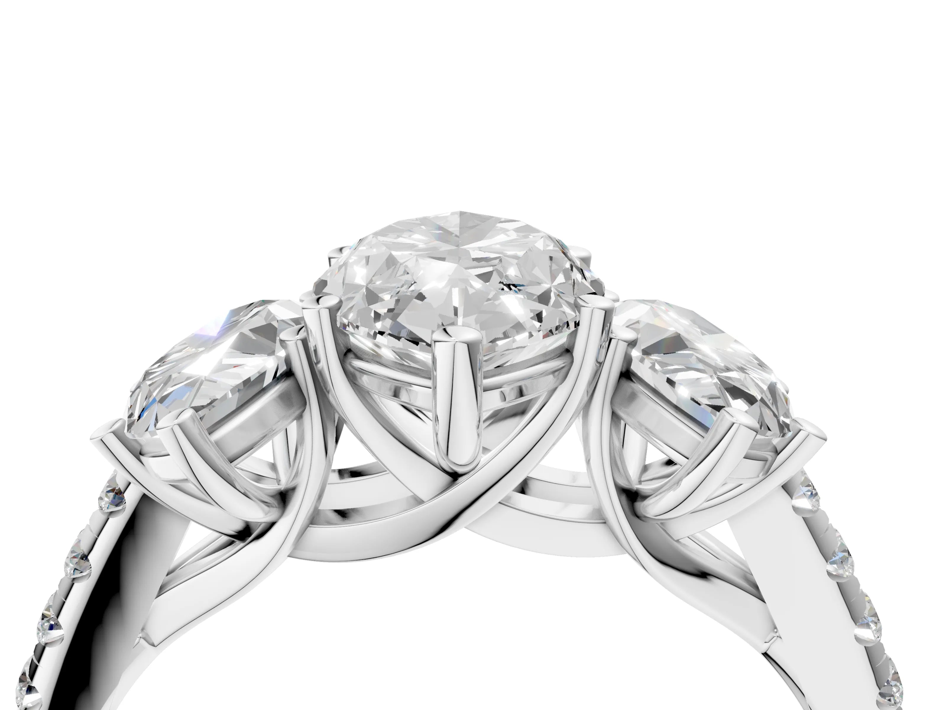 White gold Three-Stone Marquise Cut Diamond Ring with Round with Moissanite side stone Pavé Band and Prong Setting_26