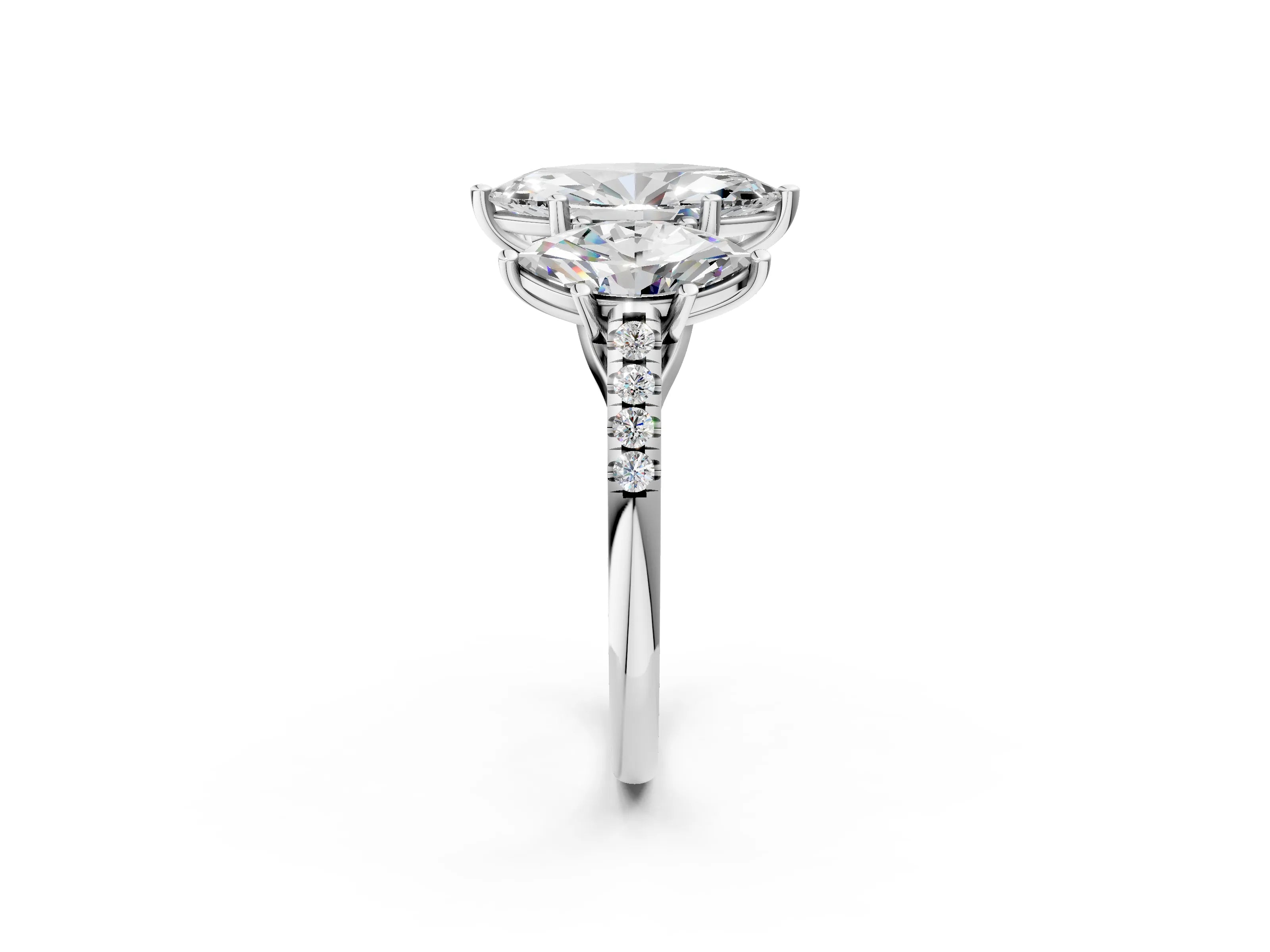 White gold Three-Stone Marquise Cut Diamond Ring with Round with Moissanite side stone Pavé Band and Prong Setting_2