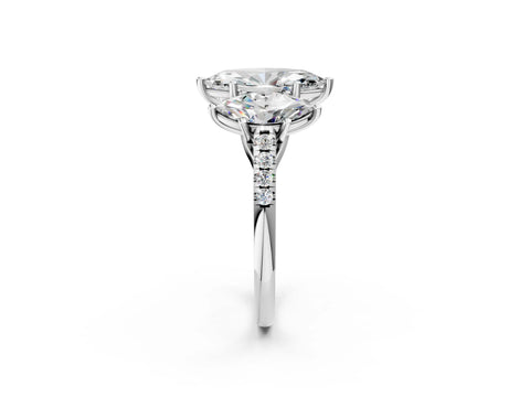 White gold Three-Stone Marquise Cut Diamond Ring with Round with Moissanite side stone Pavé Band and Prong Setting_2