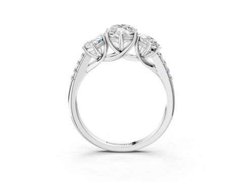 White gold Three-Stone Marquise Cut Diamond Ring with Round with Moissanite side stone Pavé Band and Prong Setting_3