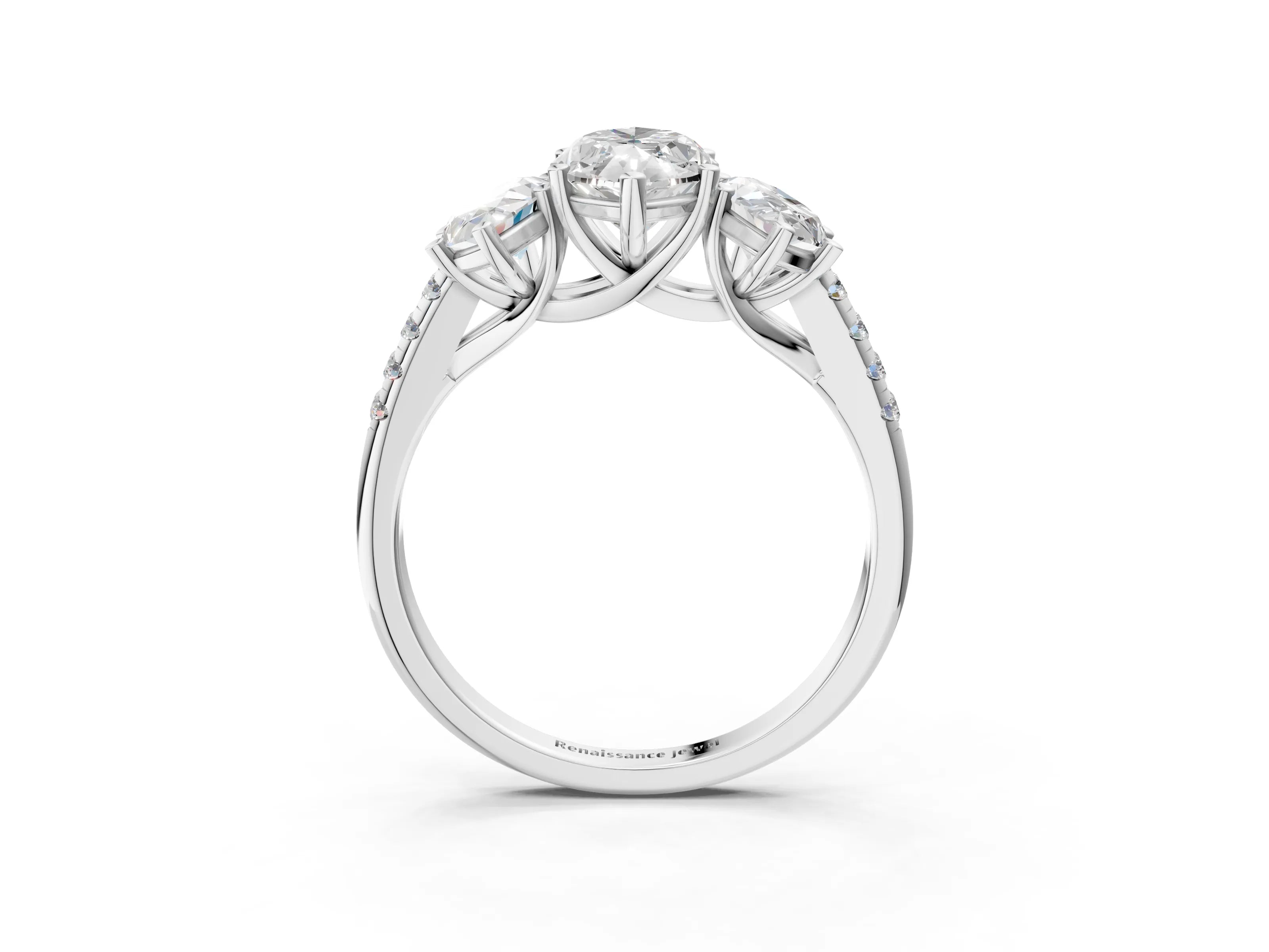 White gold Three-Stone Marquise Cut Diamond Ring with Round with Moissanite side stone Pavé Band and Prong Setting_3