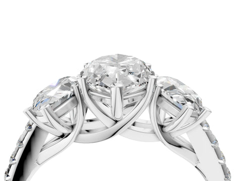 White gold Three-Stone Marquise Cut Diamond Ring with Round with Moissanite side stone Pavé Band and Prong Setting_4