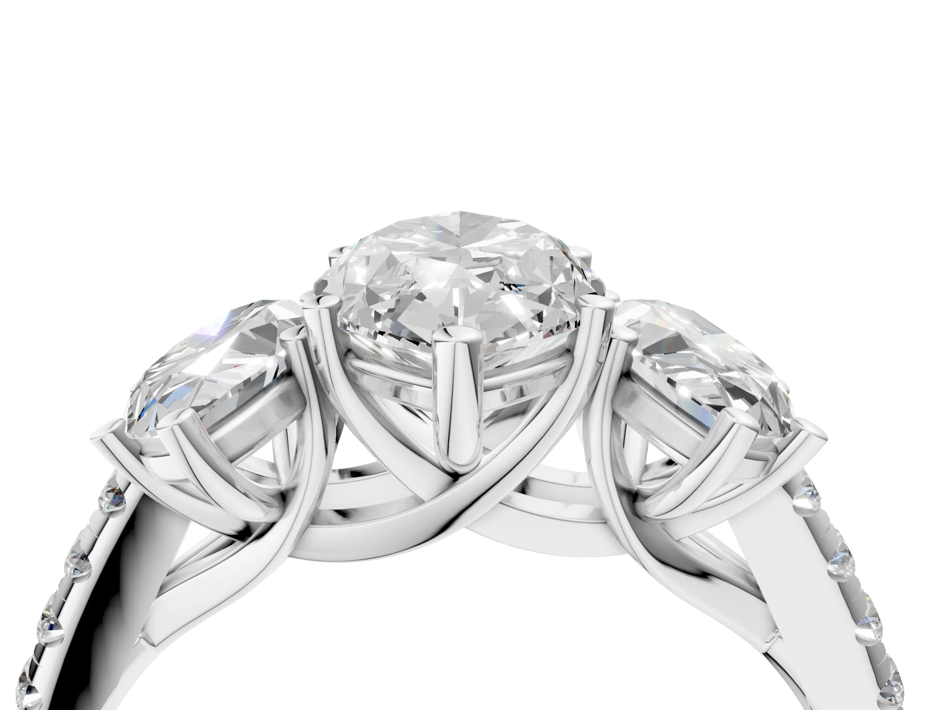 White gold Three-Stone Marquise Cut Diamond Ring with Round with Moissanite side stone Pavé Band and Prong Setting_4
