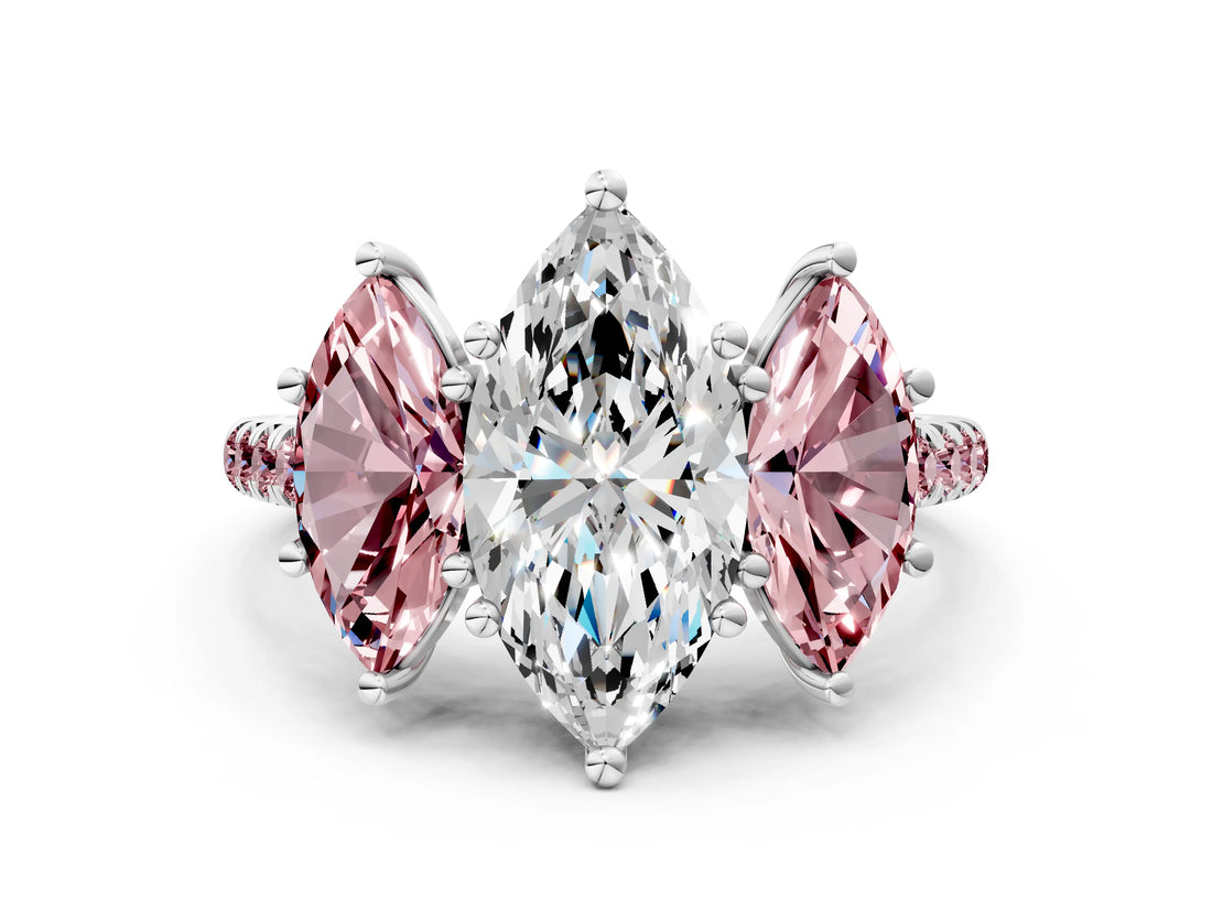 White gold Three-Stone Marquise Cut Diamond Ring with Round with Morganite side stone Pavé Band and Prong Setting_12