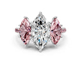 White gold Three-Stone Marquise Cut Diamond Ring with Round with Morganite side stone Pavé Band and Prong Setting_12