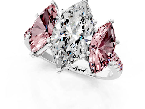 White gold Three-Stone Marquise Cut Diamond Ring with Round with Morganite side stone Pavé Band and Prong Setting_1