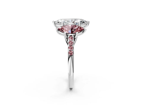 White gold Three-Stone Marquise Cut Diamond Ring with Round with Morganite side stone Pavé Band and Prong Setting_2
