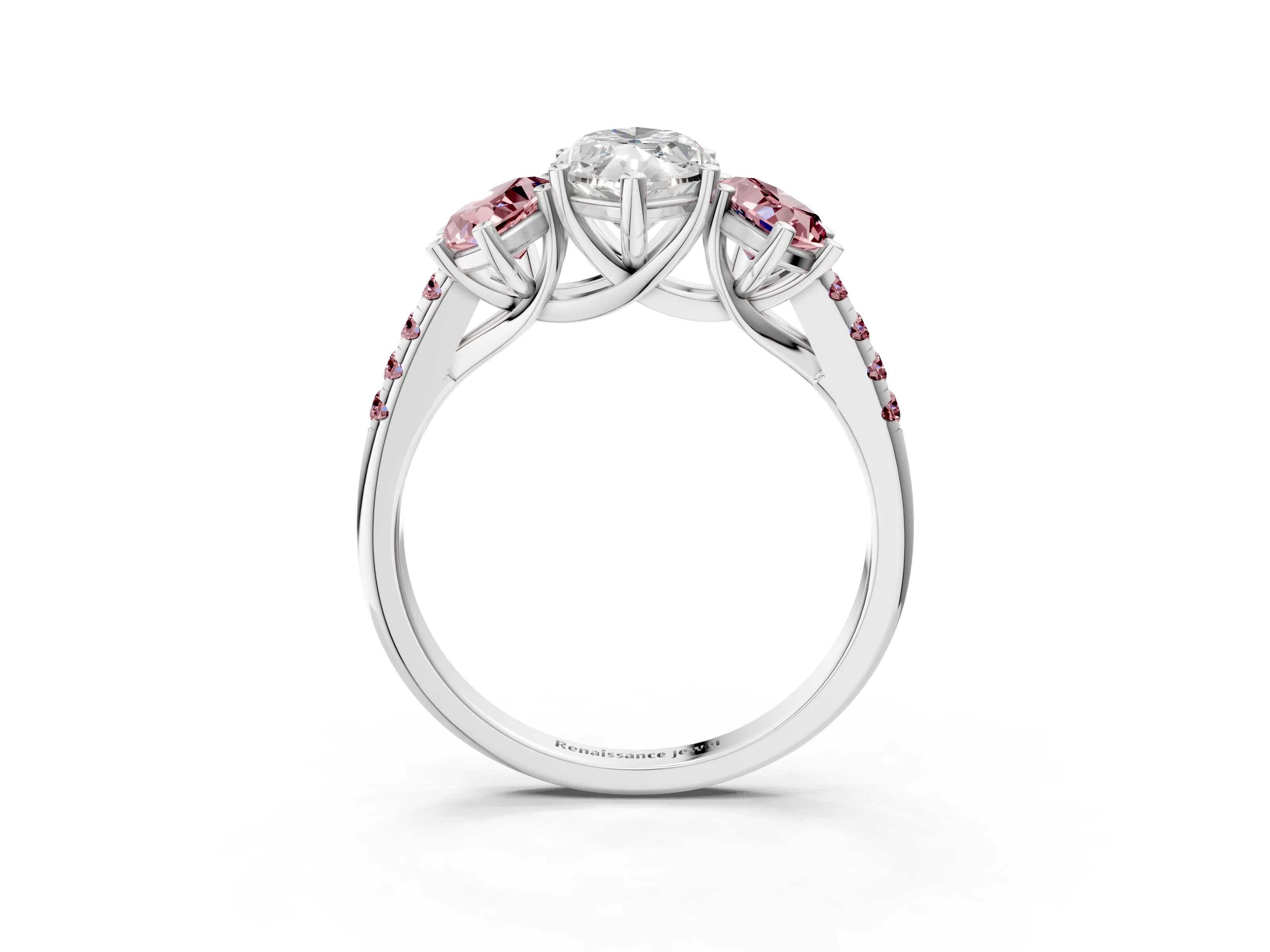 White gold Three-Stone Marquise Cut Diamond Ring with Round with Morganite side stone Pavé Band and Prong Setting_3