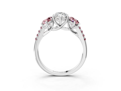 White gold Three-Stone Marquise Cut Diamond Ring with Round with Morganite side stone Pavé Band and Prong Setting_3