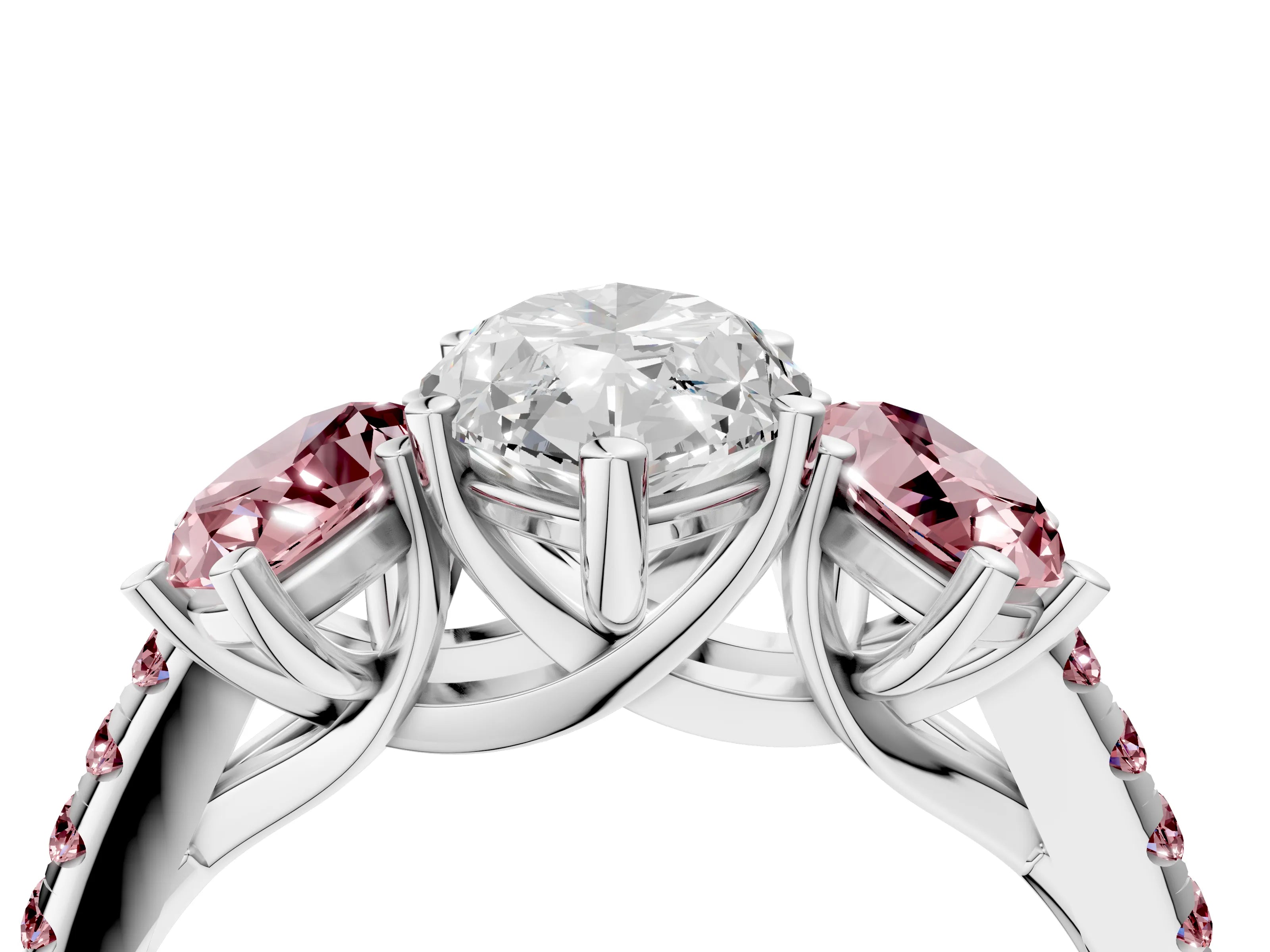 White gold Three-Stone Marquise Cut Diamond Ring with Round with Morganite side stone Pavé Band and Prong Setting_4