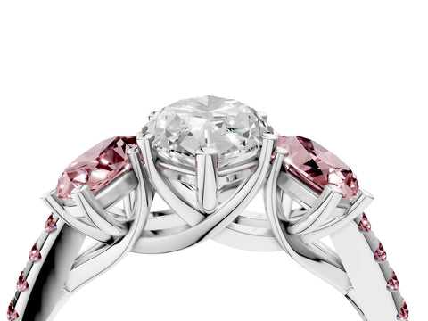 White gold Three-Stone Marquise Cut Diamond Ring with Round with Morganite side stone Pavé Band and Prong Setting_4