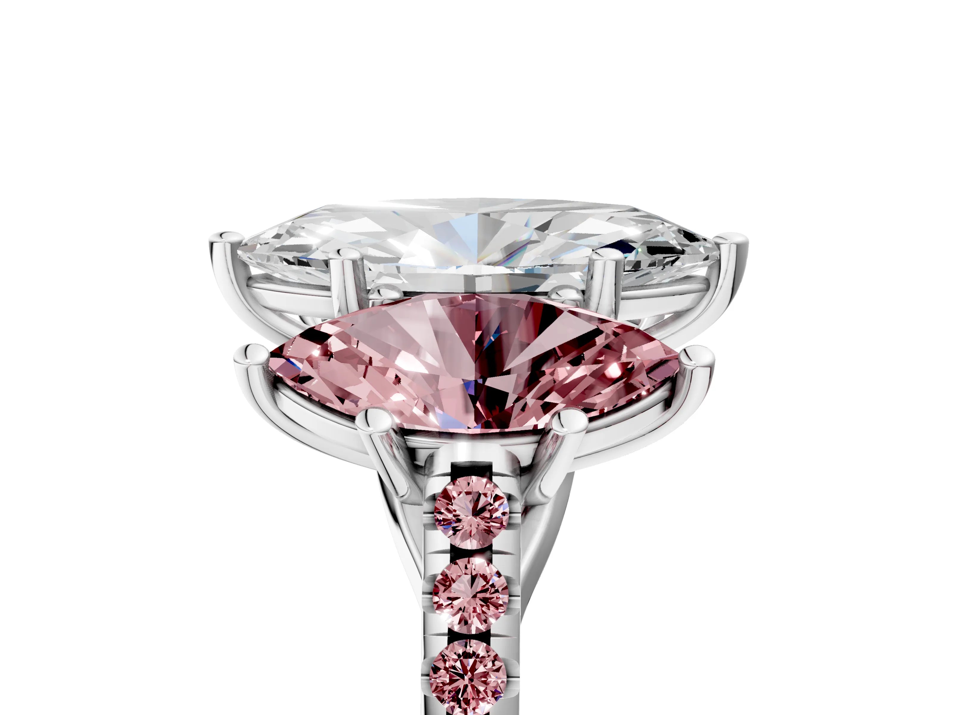 White gold Three-Stone Marquise Cut Diamond Ring with Round with Morganite side stone Pavé Band and Prong Setting_5