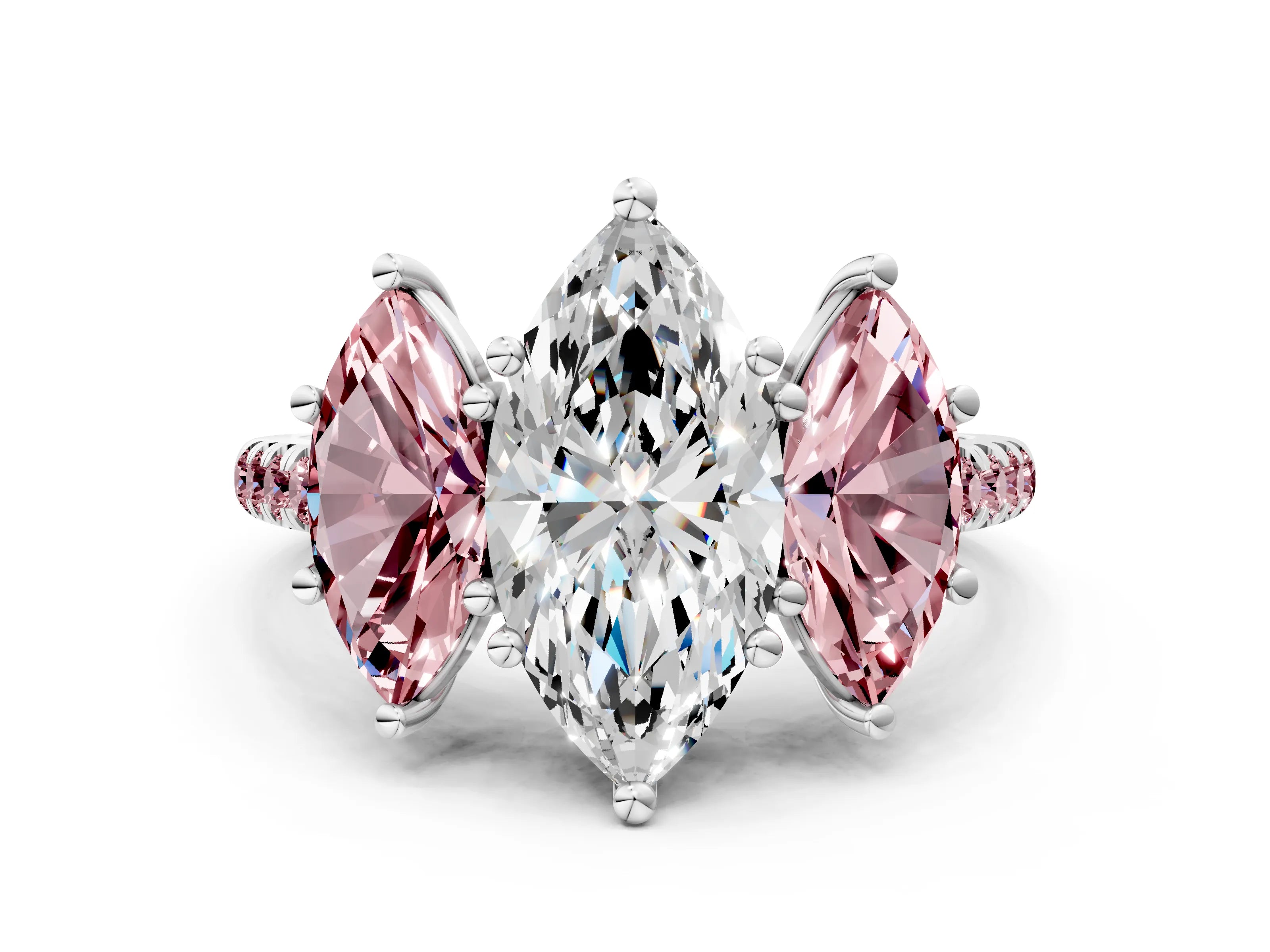 White gold Three-Stone Marquise Cut Diamond Ring with Round with Morganite side stone Pavé Band and Prong Setting