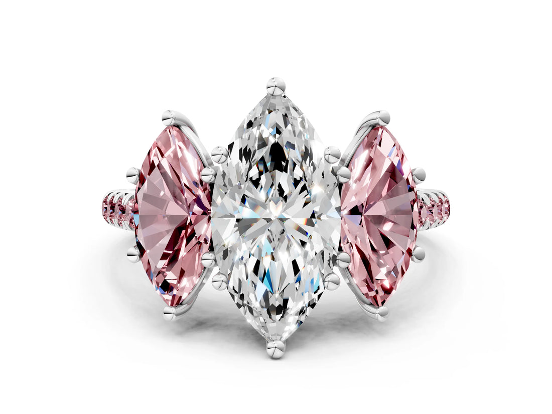 White gold Three-Stone Marquise Cut Diamond Ring with Round with Morganite side stone Pavé Band and Prong Setting