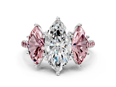 White gold Three-Stone Marquise Cut Diamond Ring with Round with Morganite side stone Pavé Band and Prong Setting