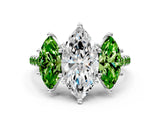 White gold Three-Stone Marquise Cut Diamond Ring with Round with Peridot side stone Pavé Band and Prong Setting
