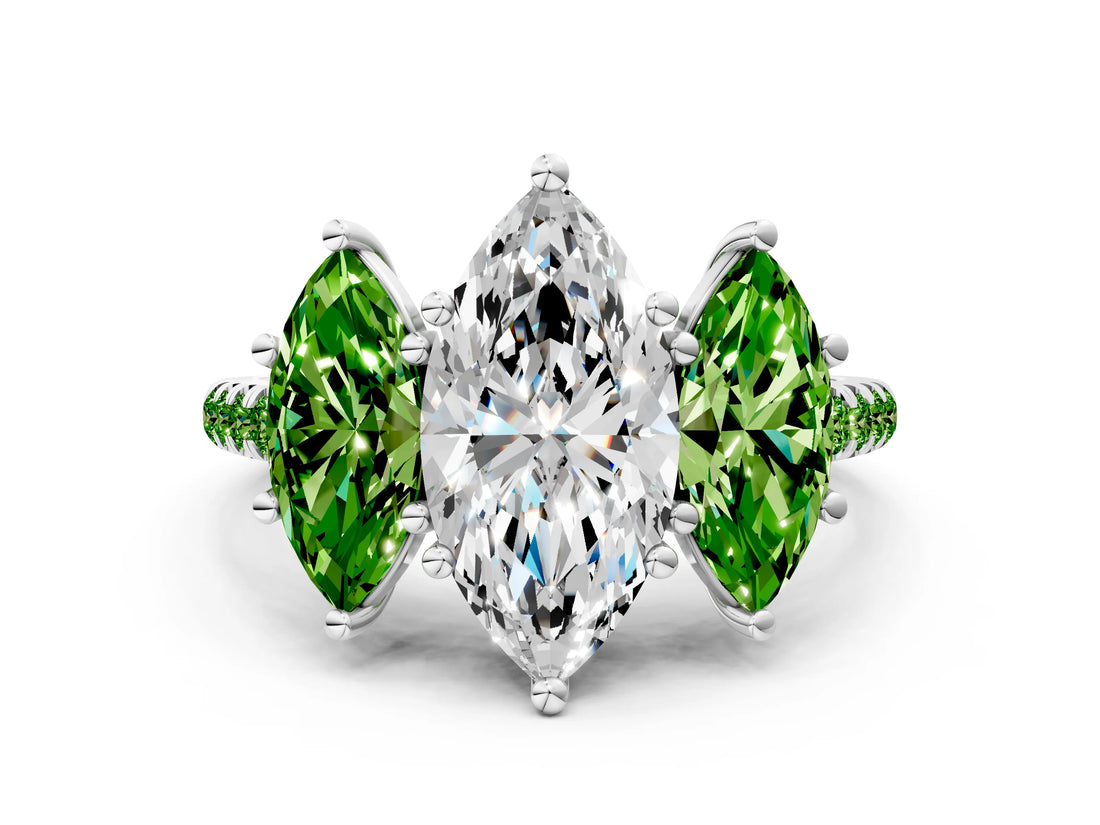 White gold Three-Stone Marquise Cut Diamond Ring with Round with Peridot side stone Pavé Band and Prong Setting_12