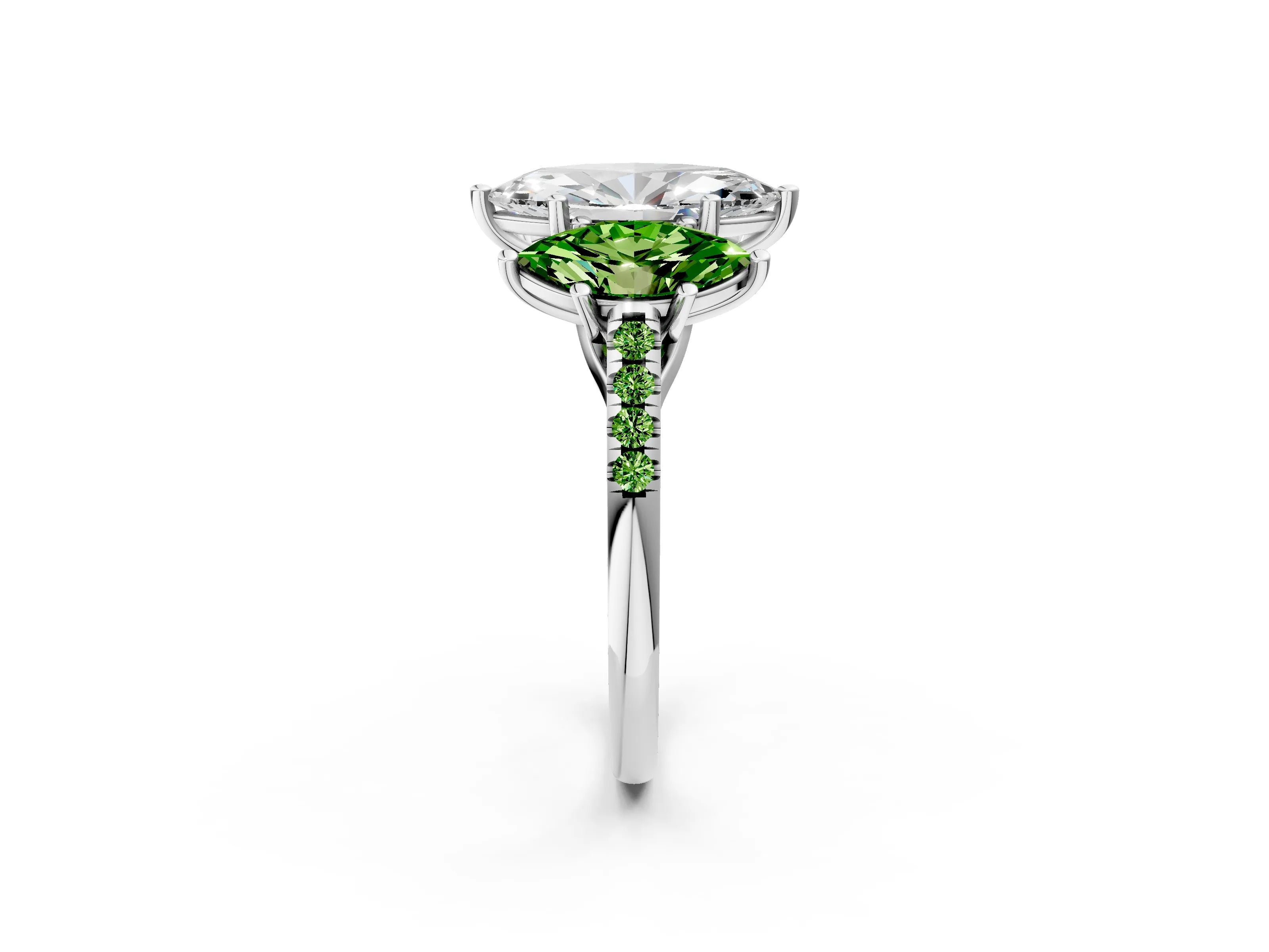 White gold Three-Stone Marquise Cut Diamond Ring with Round with Peridot side stone Pavé Band and Prong Setting_2