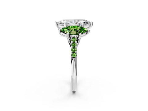White gold Three-Stone Marquise Cut Diamond Ring with Round with Peridot side stone Pavé Band and Prong Setting_2