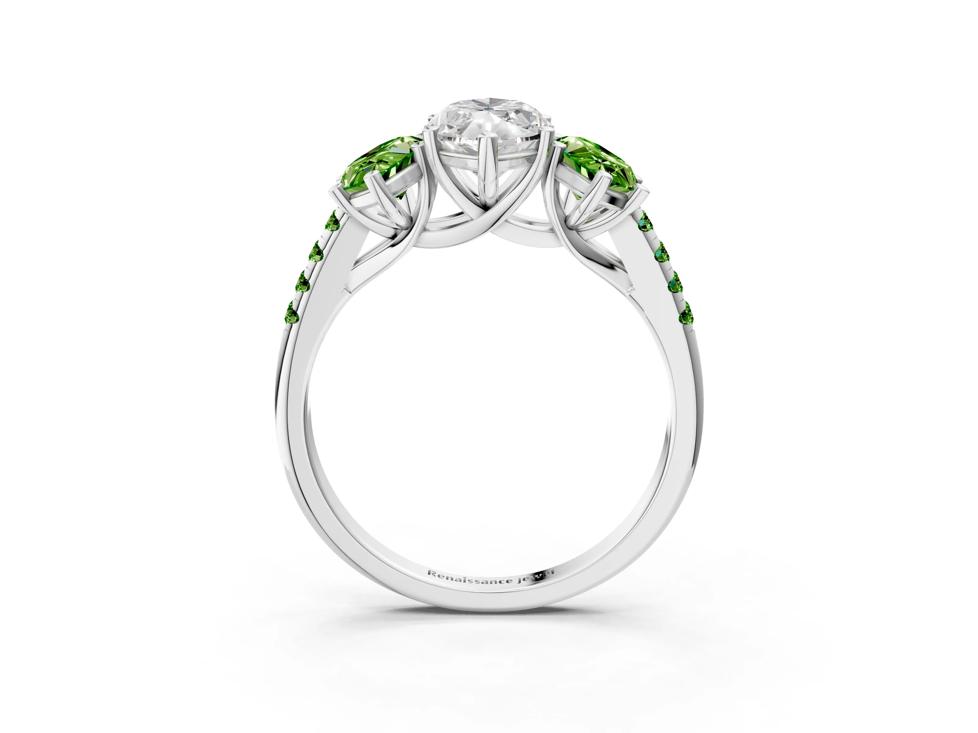 White gold Three-Stone Marquise Cut Diamond Ring with Round with Peridot side stone Pavé Band and Prong Setting_3