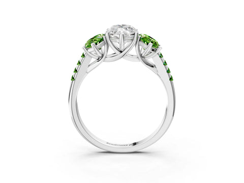 White gold Three-Stone Marquise Cut Diamond Ring with Round with Peridot side stone Pavé Band and Prong Setting_3