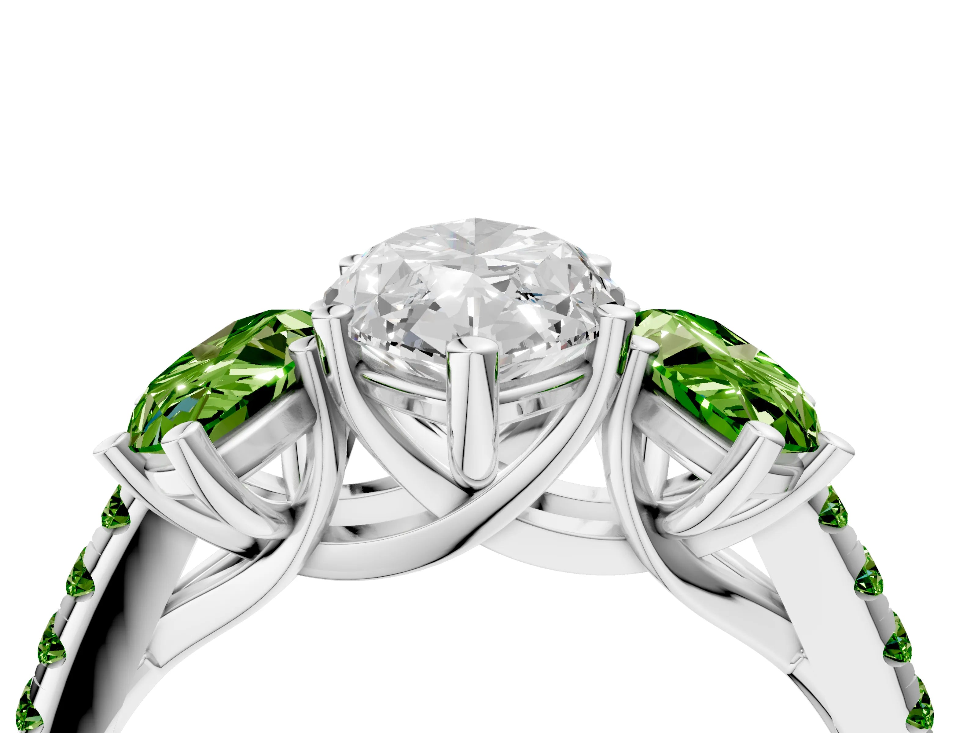 White gold Three-Stone Marquise Cut Diamond Ring with Round with Peridot side stone Pavé Band and Prong Setting_4