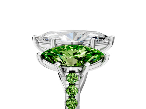 White gold Three-Stone Marquise Cut Diamond Ring with Round with Peridot side stone Pavé Band and Prong Setting_5