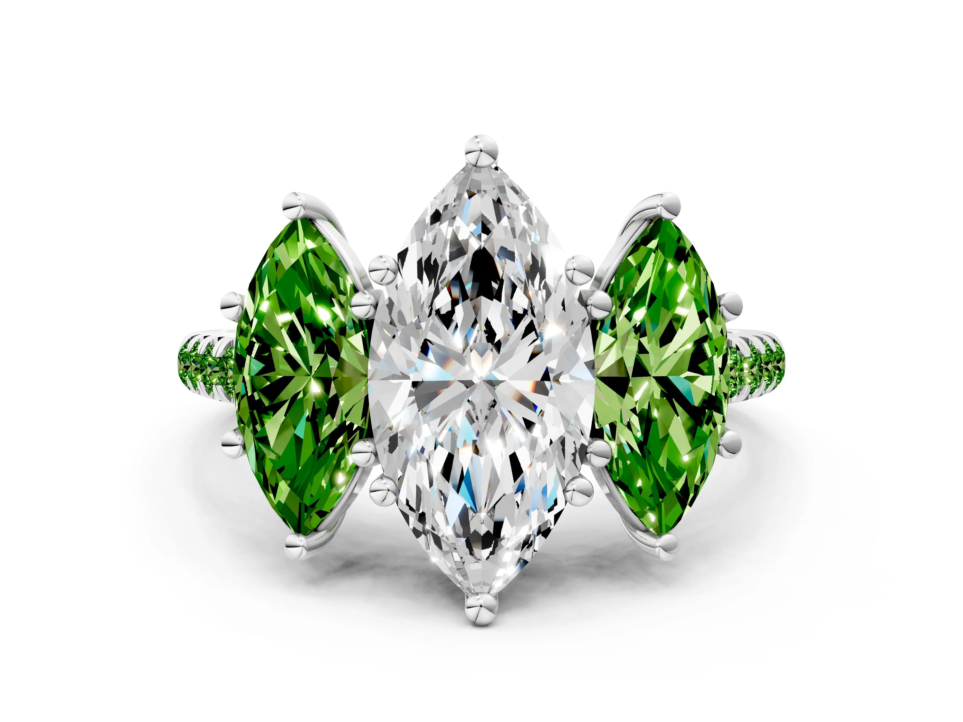 White gold Three-Stone Marquise Cut Diamond Ring with Round with Peridot side stone Pavé Band and Prong Setting