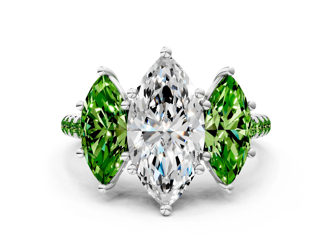 White gold Three-Stone Marquise Cut Diamond Ring with Round with Peridot side stone Pavé Band and Prong Setting