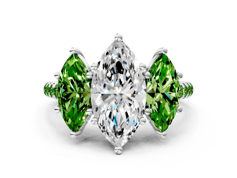 White gold Three-Stone Marquise Cut Diamond Ring with Round with Peridot side stone Pavé Band and Prong Setting
